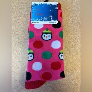 Christmas Socks Pink with colored circles & a cute animal face, sock Sz. 9-11